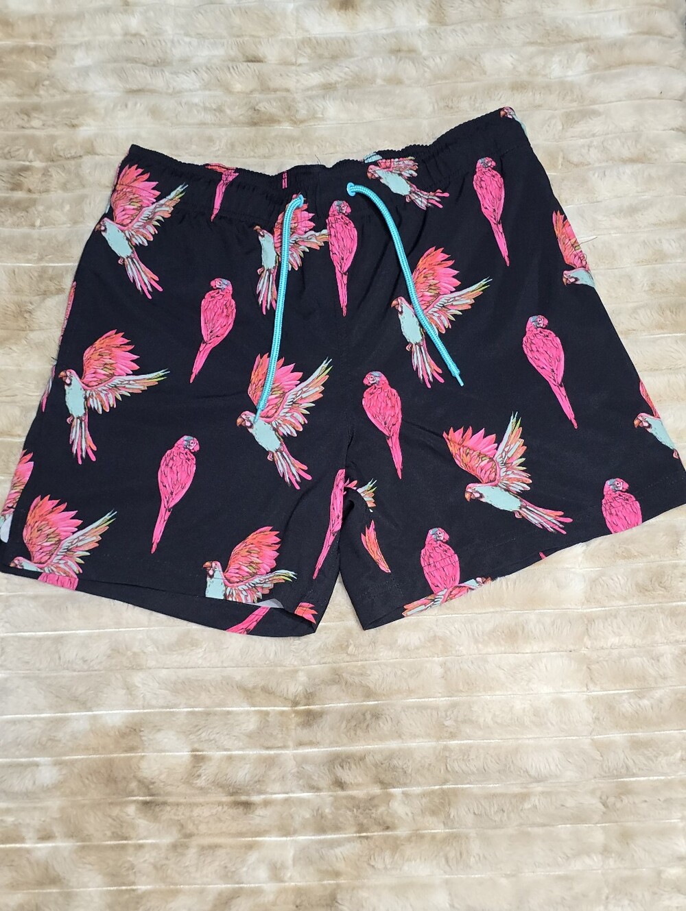 George Black Swim Trunks with Hot Pink Parrot Print and Teal Drawstring